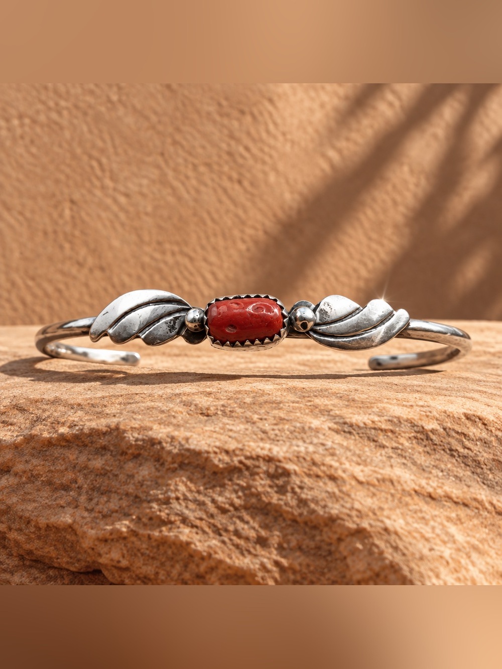 Sterling Silver Red Coral Leaf Cuff Bracelet size 6.5 wrist